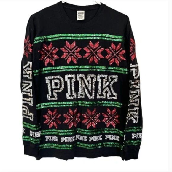 🎄 Victoria's Secret PINK Sequin Bling Holiday Christmas Long Sleeve Tee Size S - Picture 4 of 10